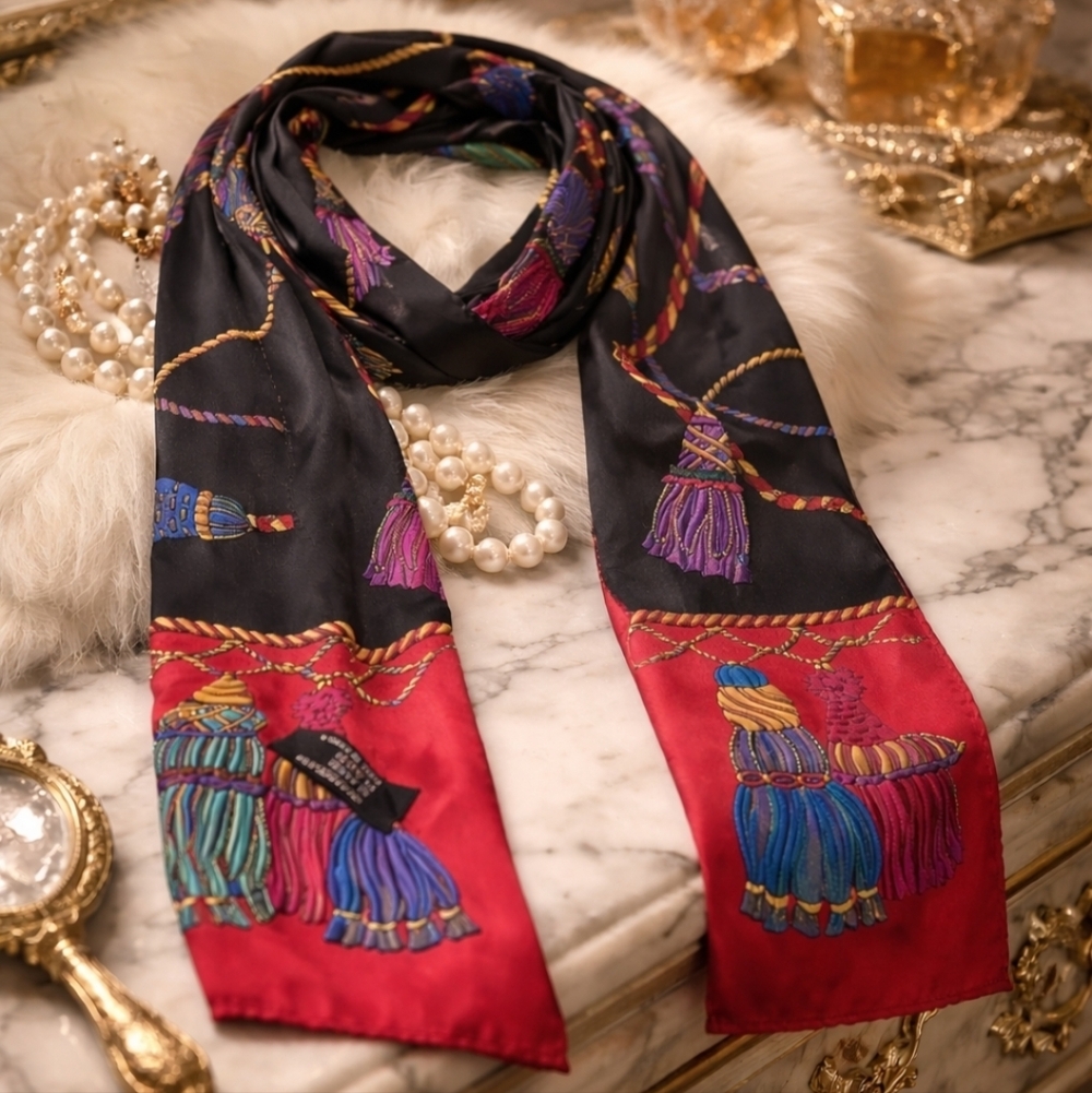 1980s Black Tassel Print SILK Scarf Colorful Korean Retro Statement Oblong Scarf